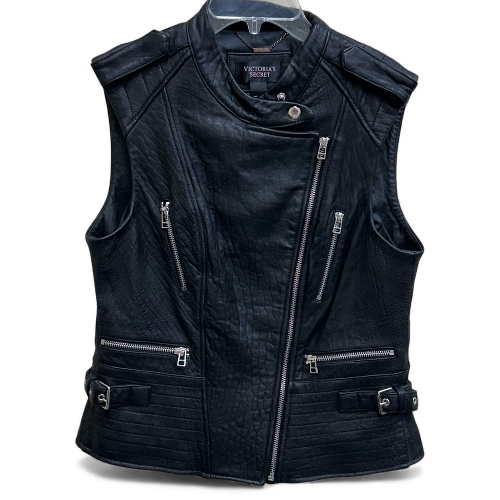 Victoria's Secret Black Leather Women's Vest Zipper Accents Size M